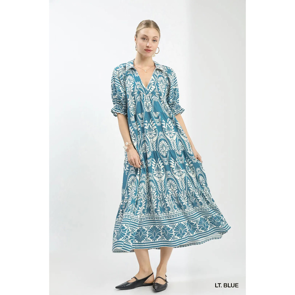 Umgee Two Tone Border Print Midi Dress